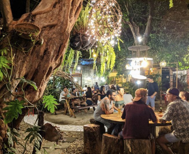Wood-fired pizzas served at Sauce restaurant with outdoor seating in San Juan del Sur, Nicaragua