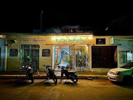 Front view at night of Hostal Namborus – Cozy, Locally-Owned Hostel in San Juan del Sur, Nicaragua