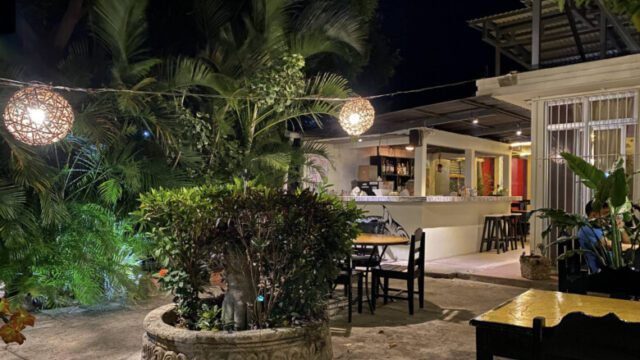 Night view of Maggys Steakhouse for a perfectly grilled steak served at Maggy's Steakhouse in San Juan del Sur, Nicaragua