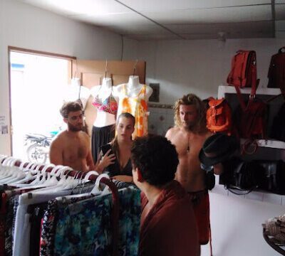 Shelves inside Amano Nicaragua in San Juan del Sur displaying handmade baskets, pottery, textiles, and coastal-inspired home accessories