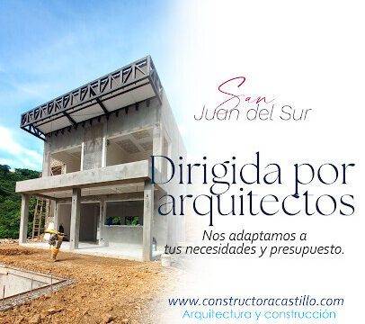 View of Castillo Architects and Construction, Architectura y Constructora in San Juan Del Sur offers architectural design and construction.Constructora Castillo's office exterior and an active modern home construction site with architectural drawings in San Juan del Sur, Nicaragua