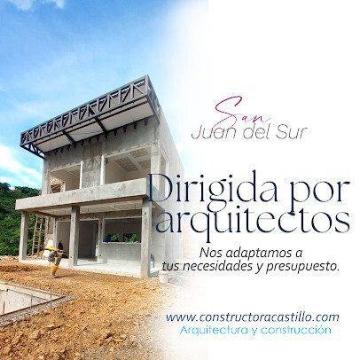 View of Castillo Architects and Construction, Architectura y Constructora in San Juan Del Sur offers architectural design and construction.Constructora Castillo's office exterior and an active modern home construction site with architectural drawings in San Juan del Sur, Nicaragua
