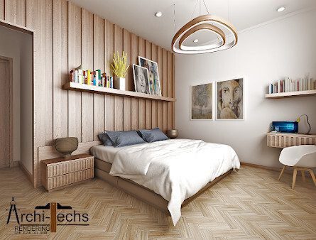 Photorealistic 3D visualization of a modern coastal villa interior rendered by Archi‑Techs Renderings in San Juan del Sur