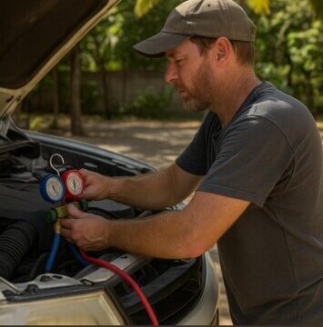 HVAC San Juan del Sur technician Sean repairing a vehicle air conditioning system in Nicaragua