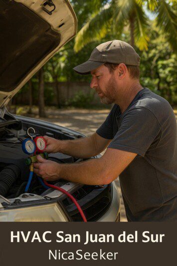 HVAC San Juan del Sur technician Sean repairing a vehicle air conditioning system in Nicaragua