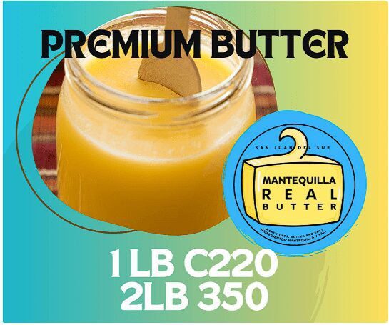 Jar of creamy yellow premium butter with a wooden spoon and a “Real Mantequilla” label, showing prices for 1 lb and 2 lb in San Juan del Sur