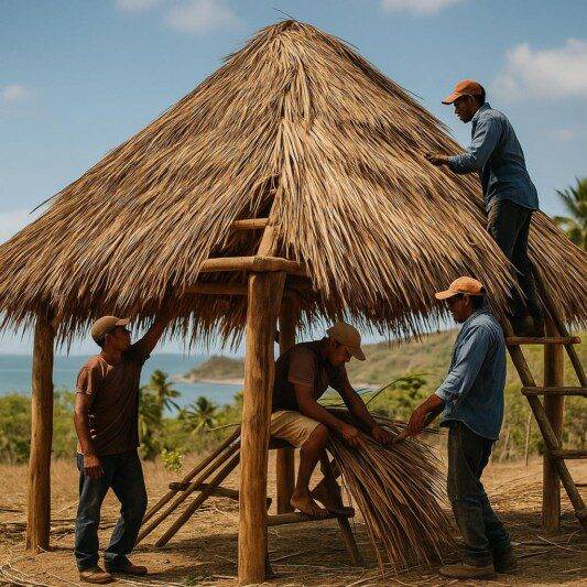 Palm Roofer Nicaragua team constructing a traditional palm roof in Escamequita with rancho builders León
