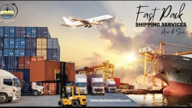 Fast Pack Shipping Services promotional image featuring stacked cargo containers, delivery trucks, a forklift, a large cargo ship at dock, and a plane taking off at sunset — representing air and sea freight to Nicaragua