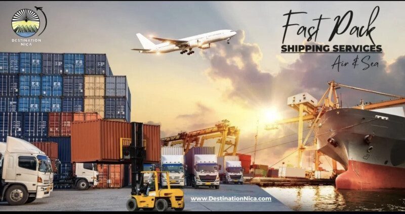 Fast Pack Shipping Services promotional image featuring stacked cargo containers, delivery trucks, a forklift, a large cargo ship at dock, and a plane taking off at sunset — representing air and sea freight to Nicaragua