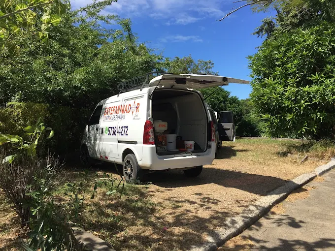 A pest control technician from Exterminador Control de Plagas San Juan Del Sur wearing protective gear and spraying insecticide in a residential interior