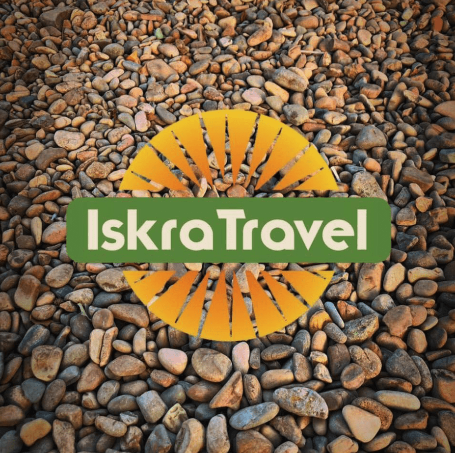 Iskra Travel Tours logo against an ornamental stone background