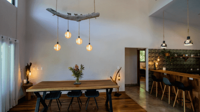 View of dining table and kitchen breakfast bar area of equestrian estate listed by Discover Real Estate