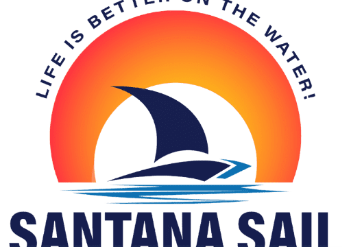Santana Sail Logo with simple shapes forming a luxury yacht on the water with a red ring symbolising the sun