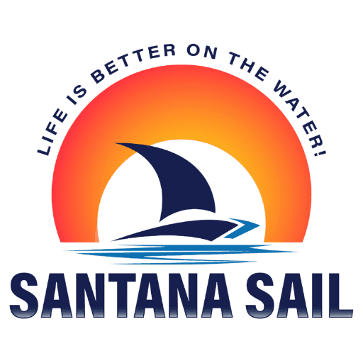 Logotipo de Santana Sail con formas simples que representan un yate de lujo sobre el agua y un anillo rojo que simboliza el sol