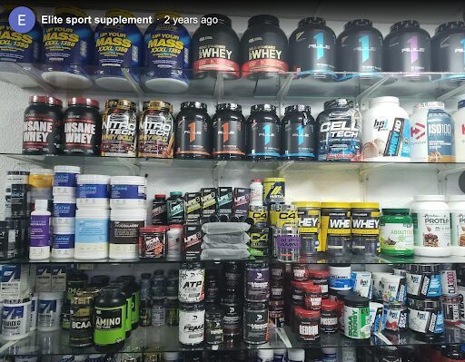 Elite Sport Supplement store shelves with sports vitamins and supplements inside Elite Sport Gym in Rivas, Nicaragua