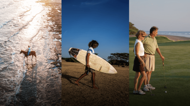 Image showing horse riding in the ocean, a surfer and an older couple playing golf